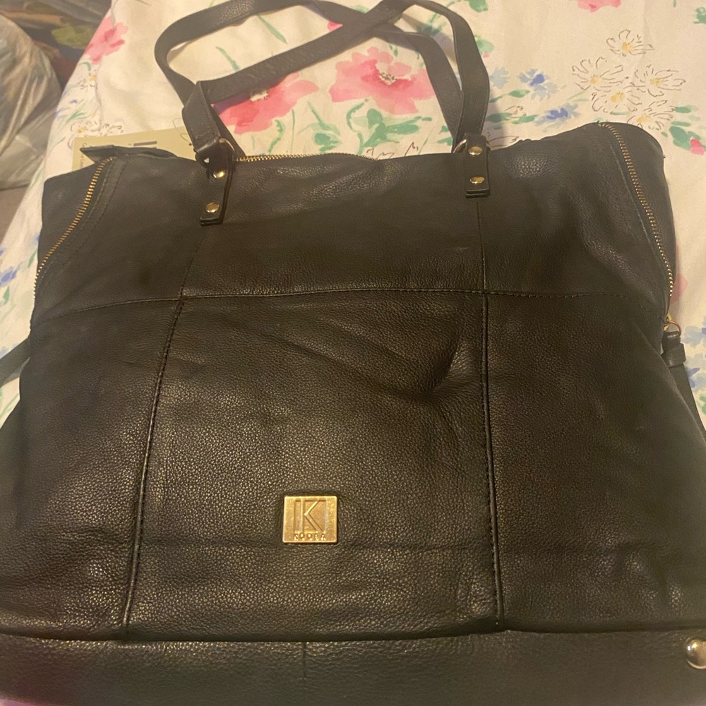 Black Leather Tote Bag with Gold Tone Accents - Picture 3 of 7